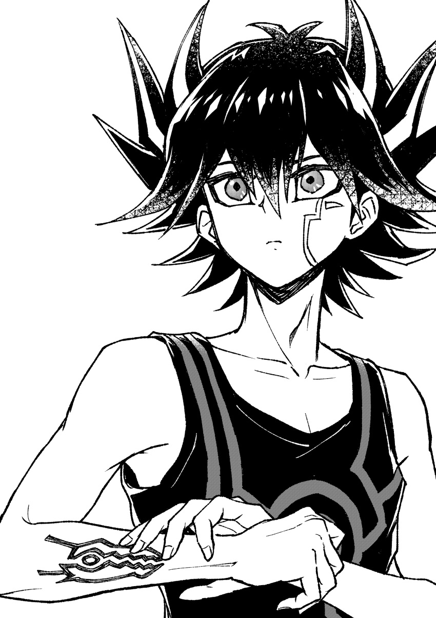 1boy absurdres arm_tattoo black_hair black_tank_top collarbone commentary_request facial_tattoo fudou_yuusei greyscale hand_on_own_wrist hands_up highres looking_up male_focus monochrome screentones shirt short_hair simple_background sleeveless solo spiky_hair tank_top tattoo upper_body white_background youko-shima yu-gi-oh! yu-gi-oh!_5d's