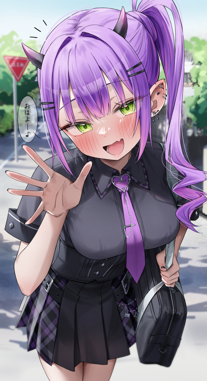 1girl :d absurdres bag black_nails blush breasts ear_piercing earrings green_eyes green_tea_(greente42869067) hair_ornament highres hololive horns jewelry looking_at_viewer necktie outdoors piercing pleated_skirt pointy_ears purple_hair road_sign school_bag school_uniform side_ponytail sign skirt smile solo stop_sign tokoyami_towa translated virtual_youtuber