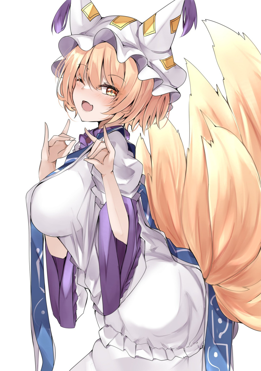 1girl ;d blonde_hair breasts double_fox_shadow_puppet fox_shadow_puppet fox_tail from_side hat highres kitsune large_breasts long_sleeves looking_at_viewer mob_cap multiple_tails mutou_mame one_eye_closed short_hair simple_background smile solo tabard tail touhou white_background white_headwear wide_sleeves yakumo_yukari yellow_eyes