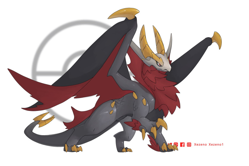 animal_focus artist_name claws commentary crossover dragon english_commentary facebook_logo facebook_username fakemon from_side full_body highres instagram_logo instagram_username monster_hunter_(series) no_humans pixiv_logo pixiv_username poke_ball pokemon pokemon_(creature) red_eyes simple_background solo standing twitter_logo twitter_username two-tone_wings white_background xezeno