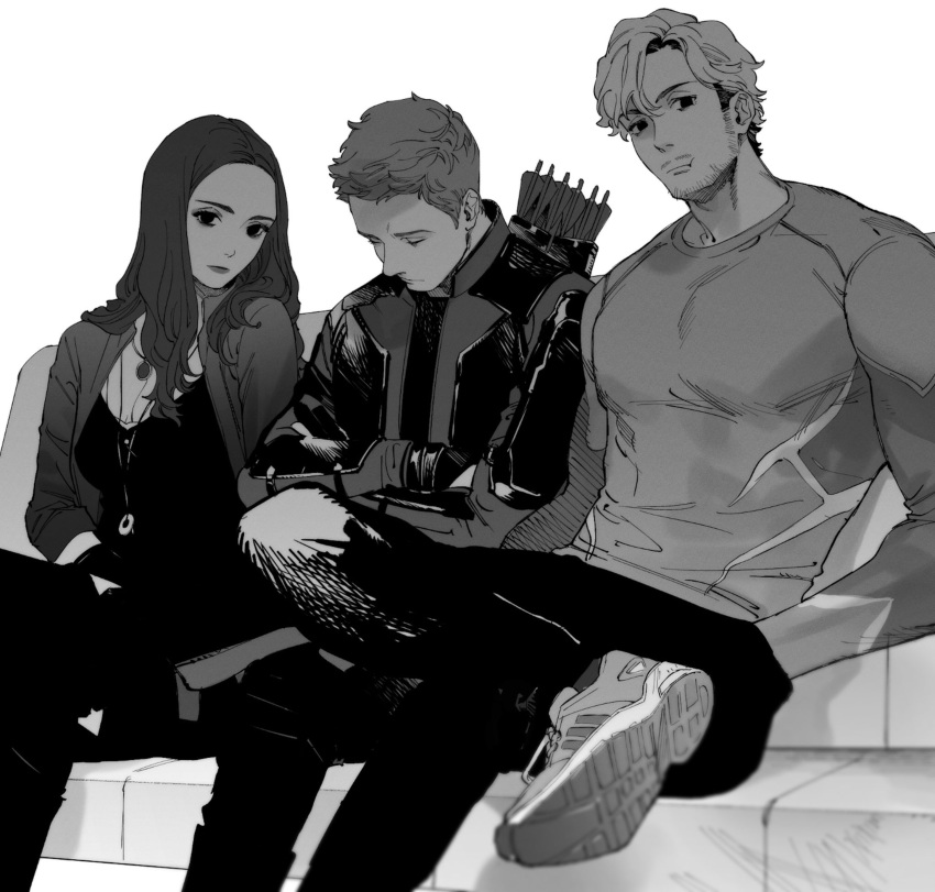 1girl 2boys absurdres arrow_(projectile) avengers:_age_of_ultron avengers_(series) breasts brother_and_sister clint_barton closed_eyes closed_mouth commentary_request couch crossed_arms crossed_legs dress facial_hair gem greyscale hand_in_pocket hawkeye_(marvel) highres jacket jewelry lips long_hair long_sleeves looking_at_viewer mandarin_collar marvel marvel_cinematic_universe medium_breasts monochrome multiple_boys necklace open_clothes open_jacket pants pietro_maximoff roku0180 scarlet_witch shadow shirt shoes short_hair siblings simple_background sitting sleeping sneakers thigh-highs wanda_maximoff