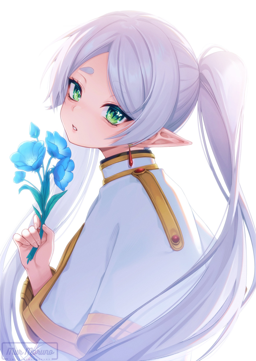 1girl absurdres blue_flower capelet drop_earrings earrings elf flower frieren green_eyes grey_hair highres holding holding_flower jewelry long_hair looking_at_viewer murmoruno pointy_ears solo sousou_no_frieren twintails white_background white_capelet