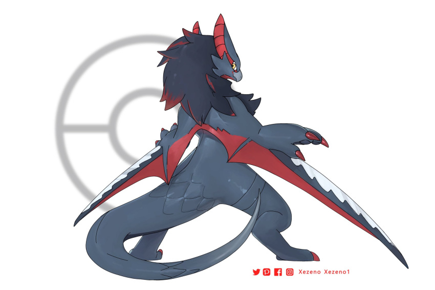 animal_focus artist_name claws commentary crossover dragon english_commentary facebook_logo facebook_username fakemon from_behind full_body highres instagram_logo instagram_username monster_hunter_(series) nargacuga no_humans pixiv_logo pixiv_username poke_ball pokemon pokemon_(creature) simple_background slit_pupils solo standing twitter_logo twitter_username white_background wyvern xezeno yellow_eyes