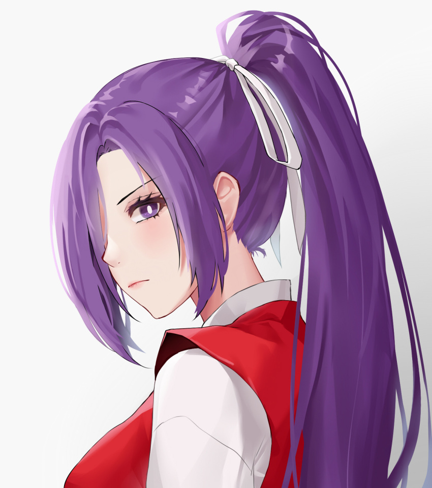 1girl aroevela bright_pupils closed_mouth commentary grey_background hair_over_one_eye highres long_hair looking_at_viewer meira_(touhou) ponytail purple_hair simple_background solo touhou touhou_(pc-98) upper_body violet_eyes white_pupils