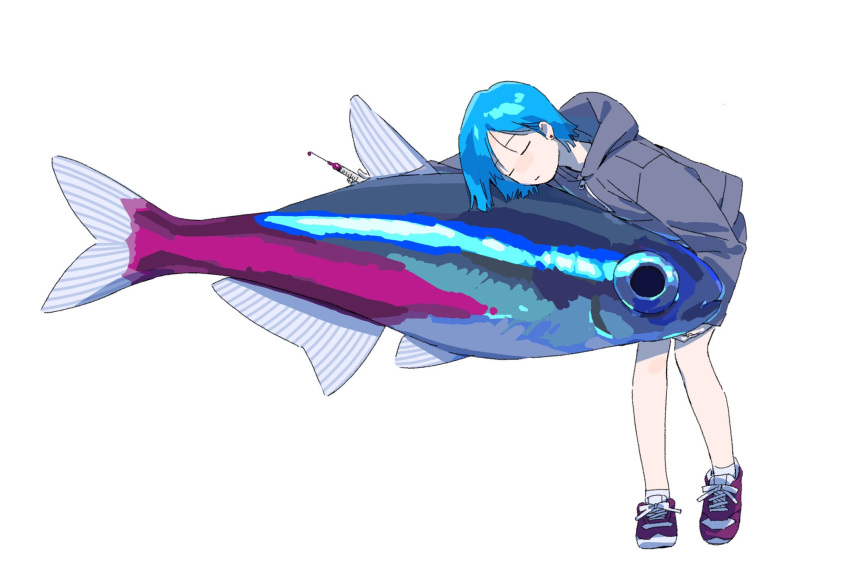 1girl animal blue_hair closed_eyes closed_mouth commentary_request earrings fish grey_hoodie highres holding holding_syringe hood hood_down hoodie jewelry long_sleeves neon_tetra original oversized_animal pink_footwear shoes short_hair simple_background sneakers solo stud_earrings syringe tetra_(fish) white_background yk_(tnkau)