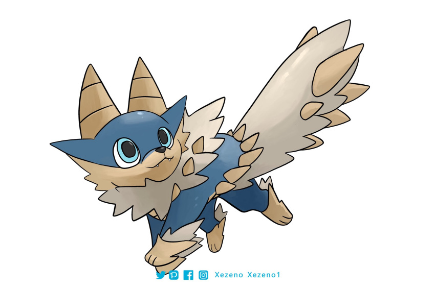 :3 animal_focus artist_name blue_eyes commentary crossover english_commentary facebook_logo facebook_username fakemon fangs from_side full_body highres instagram_logo instagram_username monster_hunter_(series) no_humans pixiv_logo pixiv_username pokemon pokemon_(creature) simple_background solo twitter_logo twitter_username white_background xezeno zinogre