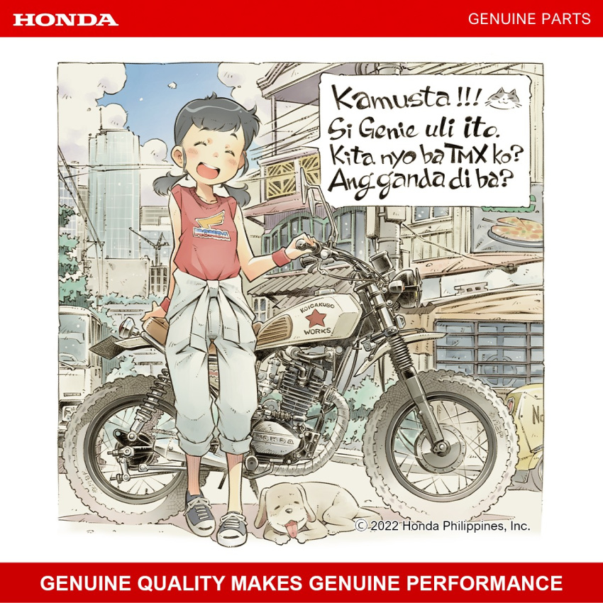 1girl :d ^_^ ad black_hair blush closed_eyes copyright_notice dog english_commentary facing_viewer full_body genie's_motorcycle_life genie_(genie's_motorcycle_life) grey_footwear highres jumpsuit jumpsuit_around_waist low_twintails motor_vehicle motorcycle outdoors philippines red_shirt sekihan shirt shoes short_sleeves smile sneakers solo speech_bubble sweatband tagalog_text teeth translated twintails upper_teeth_only
