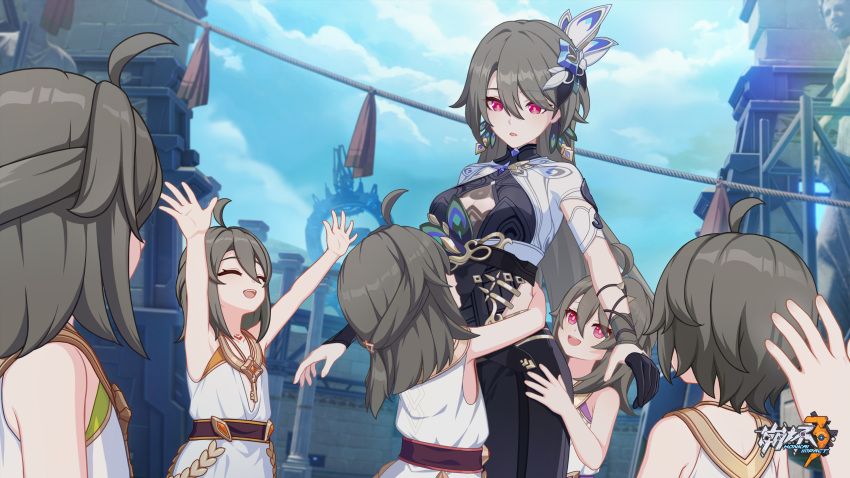1boy 5girls arms_up child chinese_commentary closed_eyes clouds cloudy_sky day dress hair_between_eyes happy highres honkai_(series) honkai_impact_3rd hug key long_hair looking_at_another looking_down medium_hair multiple_girls official_art official_wallpaper open_hands open_mouth outdoors peacock_feathers red_eyes short_hair sky standing vita_(honkai_impact) vita_(young)_(honkai_impact) white_dress yellow_pupils