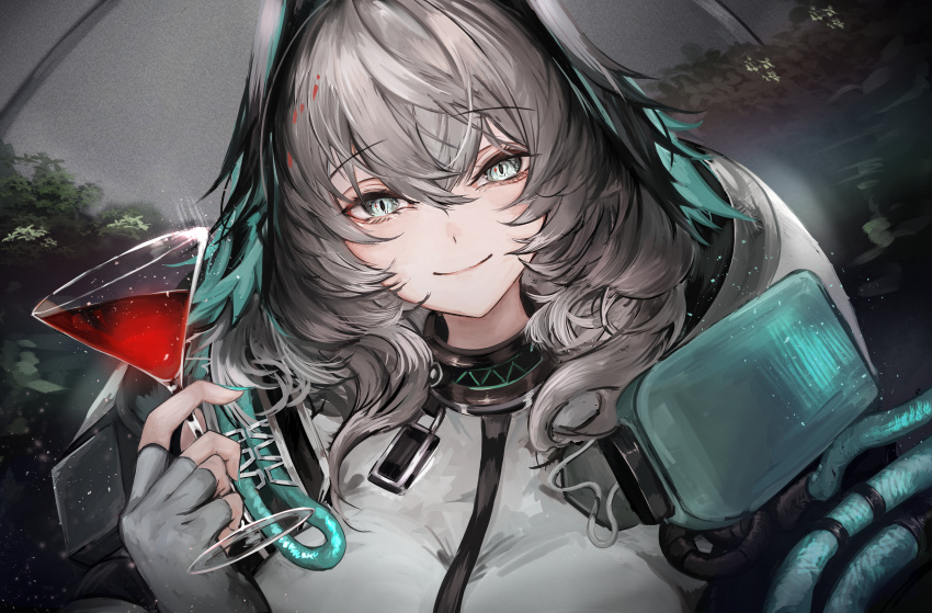 1girl absurdres aqua_eyes aqua_nails aqua_wings arknights between_breasts breasts cup feathered_wings grey_hair hair_between_eyes head_wings highres ho'olheyak_(arknights) holding holding_cup infection_monitor_(arknights) large_breasts long_coat looking_at_viewer smile snake_tail solo strap_between_breasts tail talz two-tone_wings wings