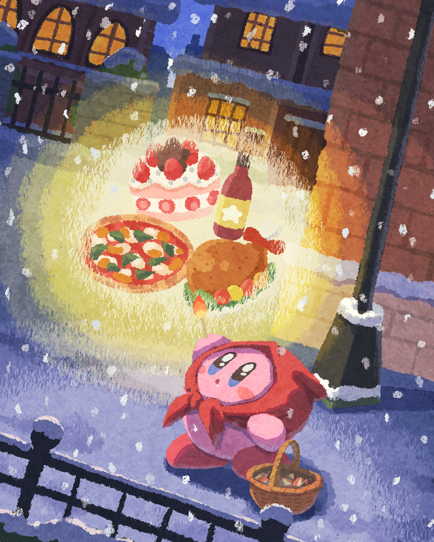 1other basket bottle building cake cake_slice fence food fruit head_scarf highres holding kirby kirby_(series) lamppost little_match_girl meat miclot night no_humans outdoors snow snowing solo strawberry