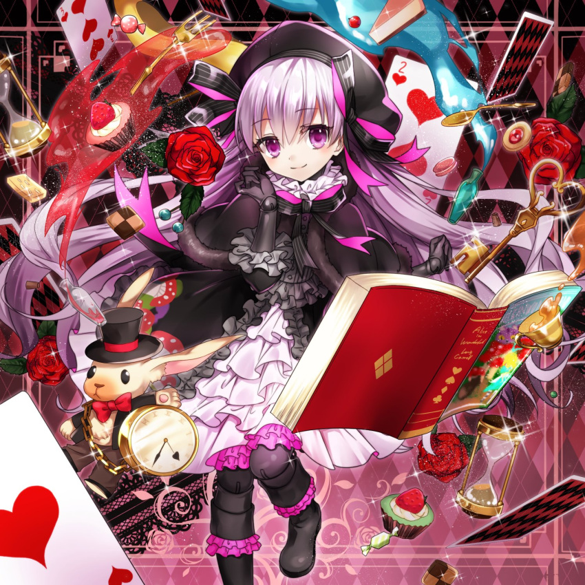 1girl ace_(playing_card) ace_of_hearts black_bow black_bowtie book bow bowtie cake cake_slice candy card cupcake doll_joints fate/extra fate/grand_order fate_(series) flower food fork fruit hat heart highres hourglass joints key macaron nursery_rhyme_(fate) open_book playing_card pocket_watch purple_hair red_flower red_rose rose smile solo strawberry three_of_hearts top_hat tsukasa_kinako two_of_hearts vial violet_eyes watch white_rabbit_(alice_in_wonderland)