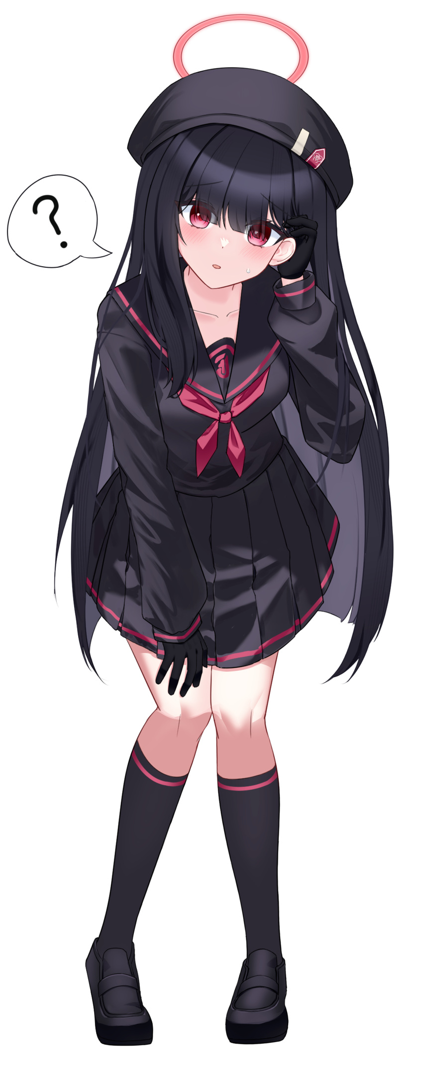 1girl ? absurdres beret blue_archive breasts collarbone full_body gloves halo hat highres hime_cut justice_task_force_member_(blue_archive) long_hair looking_at_viewer my0li open_mouth red_eyes school_uniform simple_background small_breasts standing thighs white_background