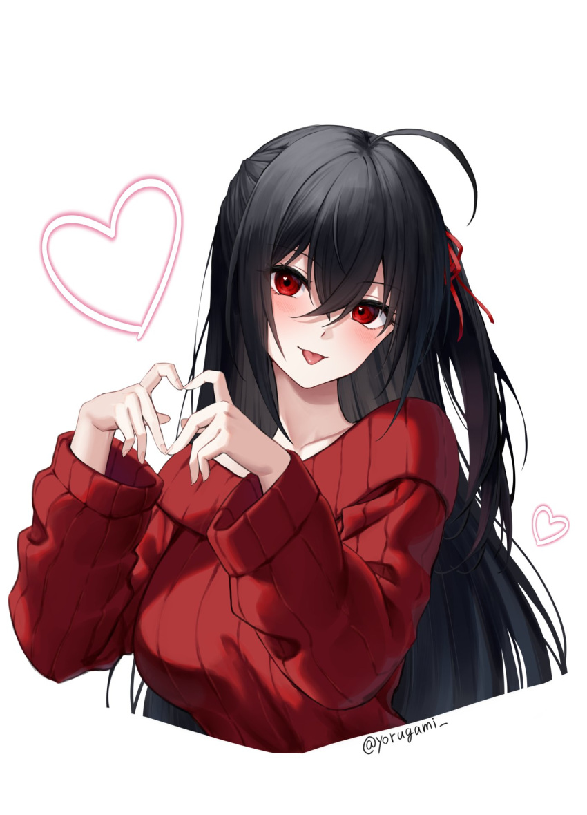 :p ahoge azur_lane black_hair blush cropped_torso crossed_bangs hair_ribbon hands_up heart heart_hands highres long_hair long_sleeves looking_at_viewer one_side_up red_eyes red_ribbon red_sweater ribbon simple_background sweater taihou_(azur_lane) tongue tongue_out twitter_username white_background yorugami_rei