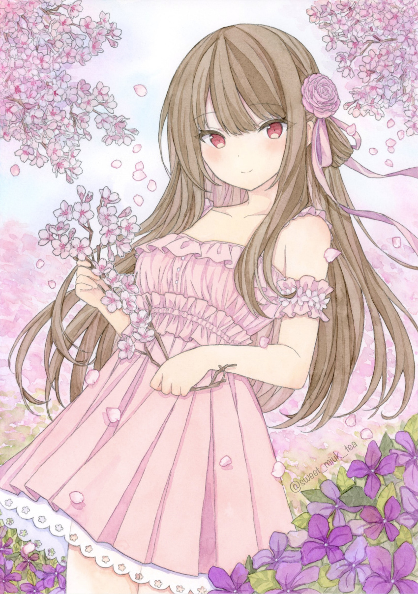 1girl bare_shoulders blush bouquet branch breasts brown_hair cherry_blossoms cherry_tree closed_mouth collarbone day detached_sleeves dress falling_petals field flower flower_field frilled_dress frills hair_between_eyes hair_flower hair_ornament highres holding holding_bouquet holding_flower leaf long_hair looking_at_viewer nature off-shoulder_dress off_shoulder original outdoors painting_(medium) petals pink_dress pink_flower pink_rose pink_theme purple_flower red_eyes ribbon rose sidelocks smile solo spring_(season) strapless strapless_dress sweet_miuk_tea traditional_media tree watercolor_(medium)