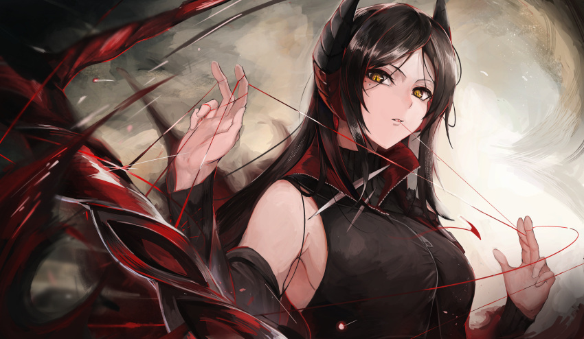 +_+ 1girl absurdres arknights bare_shoulders black_hair breasts clothing_cutout demon_girl demon_horns dress grey_cloak highres holding holding_weapon horns ines_(arknights) large_breasts long_hair looking_at_viewer shoulder_cutout sleeveless_turtleneck_dress solo talz very_long_hair weapon wire yellow_eyes
