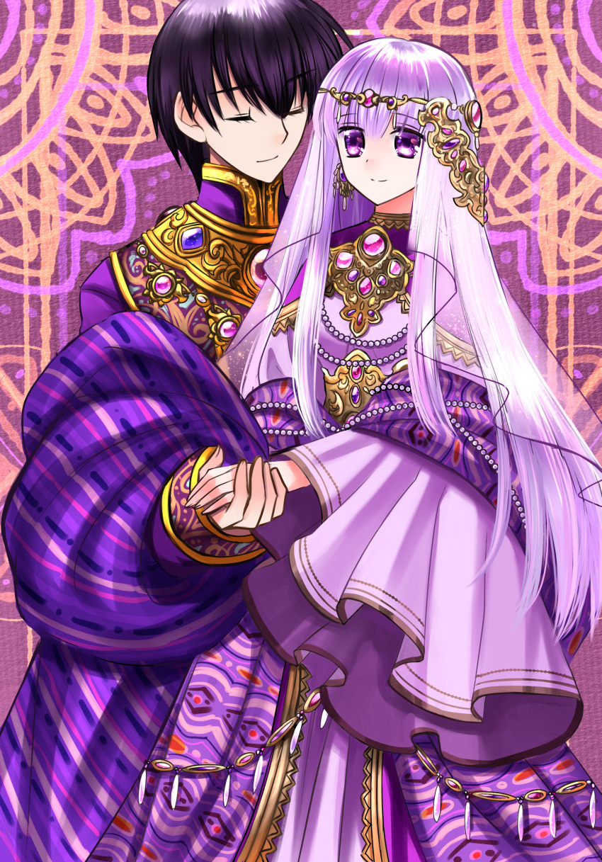 1boy 1girl 74 alternate_costume black_hair circlet closed_eyes closed_mouth commentary_request commission dress fire_emblem fire_emblem:_genealogy_of_the_holy_war formal gold_trim hair_between_eyes highres holding_hands husband_and_wife jewelry julia_(fire_emblem) long_hair looking_at_another purple_background purple_dress purple_hair purple_shirt scathach_(fire_emblem) see-through shirt short_hair skeb_commission smile veil violet_eyes wide_sleeves