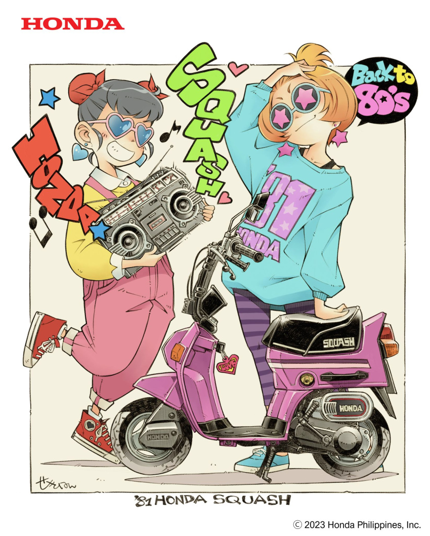 2girls ad anji_(genie's_motorcycle_life) blue-framed_eyewear blue-tinted_eyewear blue_footwear blue_sweater boombox bun_cover closed_mouth copyright_notice english_commentary full_body genie's_motorcycle_life genie_(genie's_motorcycle_life) grey_hair grin heart heart-shaped_eyewear highres holding_boombox honda motor_vehicle multiple_girls official_art orange_hair overalls pants pink-framed_eyewear pink_overalls print_sweater purple_pants red_footwear scooter sekihan shirt short_hair simple_background smile spaghetti_strap speech_bubble striped striped_pants sweater tinted_eyewear vehicle_name yellow_shirt