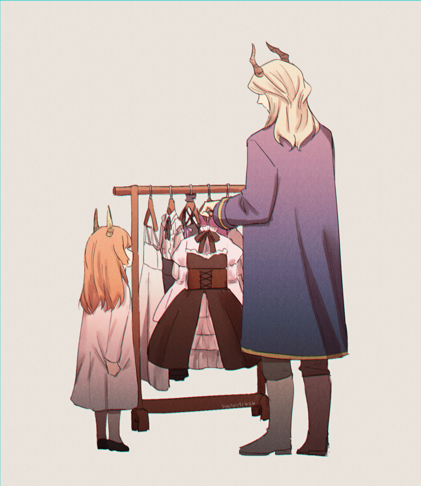 1boy 1girl blonde_hair blue_coat boots brown_dress brown_ribbon clothes_hanger clothes_rack coat commentary_request corset demon_boy demon_girl demon_horns dress facing_away feng_cheng_(kanon91426) frilled_dress frills from_behind full_body grey_background grey_pants highres holding_clothes_hanger horns juliet_sleeves knee_boots linie_(sousou_no_frieren) long_hair long_sleeves lugner_(sousou_no_frieren) pants puffy_sleeves ribbon shirt sousou_no_frieren standing unworn_dress white_footwear white_shirt
