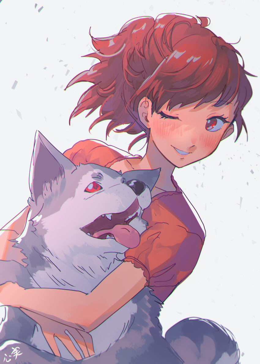 1girl absurdres animal blush brown_hair casual collarbone commentary_request dog floating_hair grin highres hug hug_from_behind kokomi_(aniesuakkaman) koromaru_(persona) looking_at_viewer one_eye_closed open_mouth orange_shirt persona persona_3 persona_3_portable ponytail puffy_short_sleeves puffy_sleeves red_eyes shiomi_kotone shirt short_hair short_sleeves simple_background smile tongue tongue_out white_background