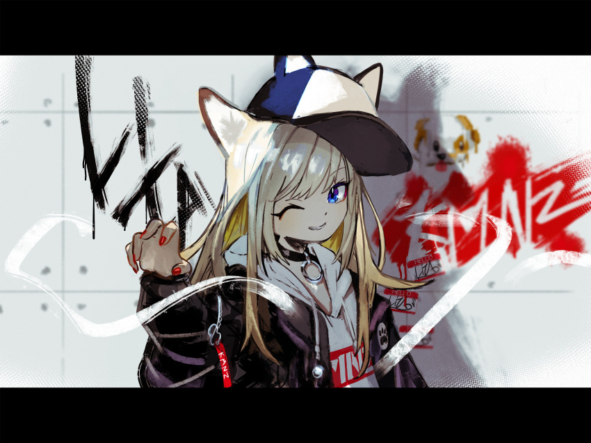 1girl absurdres animal_ears animal_hat baseball_cap black_choker black_jacket blonde_hair blue_eyes choker commentary_request copyright_name graffiti hand_up hat highres hood hood_down hoodie jacket kmnz letterboxed long_hair long_sleeves looking_at_viewer mc_lita nail_polish o-ring o-ring_choker one_eye_closed open_clothes open_jacket open_mouth red_nails seimannu smile solo tile_wall tiles upper_body virtual_youtuber white_hoodie