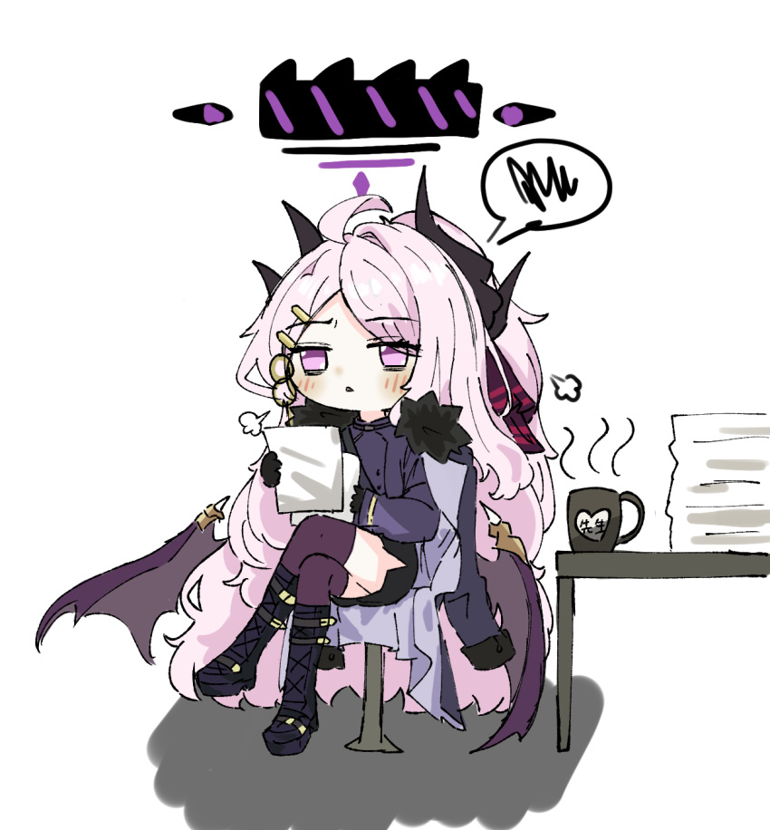 1girl :&lt; ahoge bags_under_eyes black_gloves blue_archive blush boots chair chibi coffee_mug crossed_legs cup demon_horns demon_wings e_v_e_neko gloves hair_ornament hair_ribbon hairclip halo highres hina_(blue_archive) holding holding_paper horns jacket jacket_on_shoulders knee_boots kneehighs long_bangs long_hair mechanical_halo mug paper paper_stack parted_lips ponytail purple_shirt ribbon shirt sigh sitting socks table very_long_hair white_hair wings