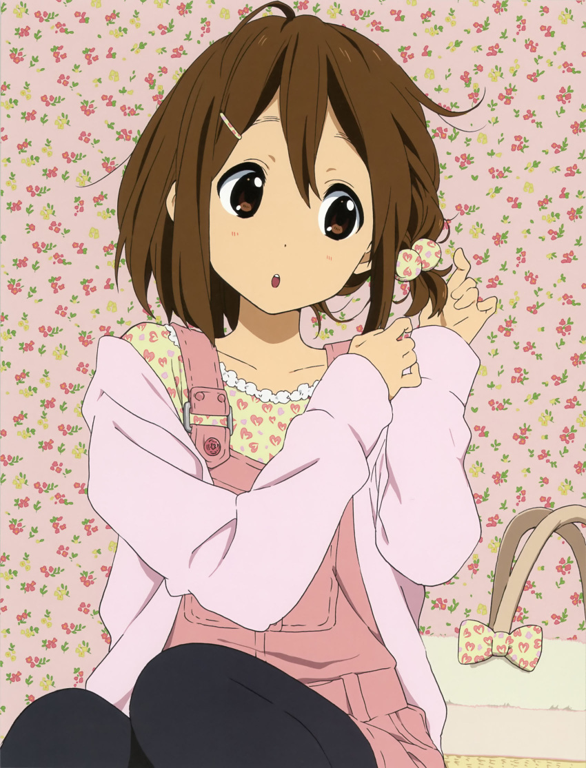 1girl bag brown_hair colored_skin dress flower highres hirasawa_yui k-on! non-web_source official_art panties pantyhose papillon pink_dress short_twintails twintails white_skin