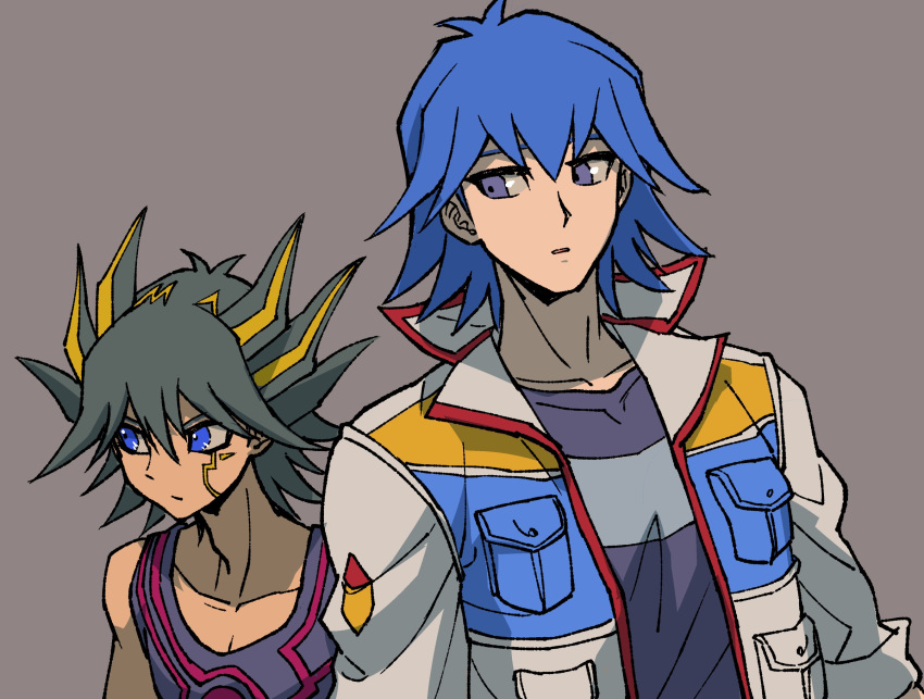 2boys black_hair black_tank_top blue_eyes blue_hair blue_shirt bruno_(yu-gi-oh!) facial_tattoo fudou_yuusei grey_background high_collar highres jacket looking_to_the_side male_focus multicolored_hair multiple_boys open_clothes open_jacket parted_lips shirt short_hair simple_background sleeves_rolled_up solo spiky_hair standing streaked_hair t-shirt tank_top tattoo youko-shima yu-gi-oh! yu-gi-oh!_5d's
