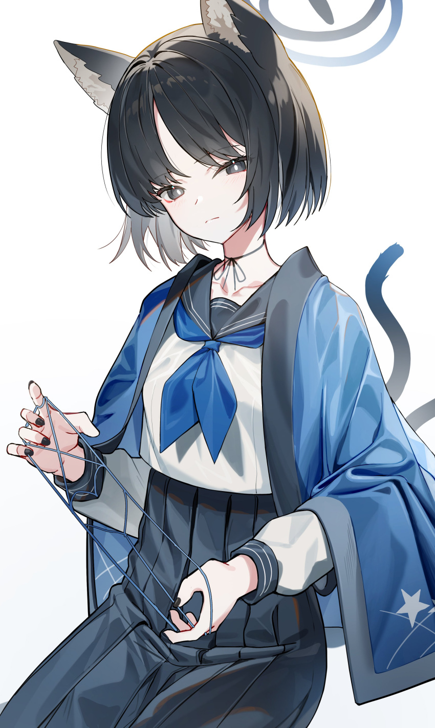 1girl absurdres animal_ear_fluff animal_ears black_eyes black_hair black_nails black_ribbon black_sailor_collar blue_archive blue_halo blue_kimono blue_neckerchief blue_skirt bright_pupils cat's_cradle cat_ears cat_girl cat_tail closed_mouth collarbone commentary expressionless halo haori highres jacket jacket_on_shoulders japanese_clothes kikyou_(blue_archive) kimono long_sleeves looking_at_viewer multiple_tails nail_polish neck_ribbon neckerchief parted_bangs pleated_skirt puffy_long_sleeves puffy_sleeves ribbon sailor_collar school_uniform serafuku short_hair simple_background skirt solo sugar_(dndi888) symbol-only_commentary tail two_tails upper_body white_background white_pupils