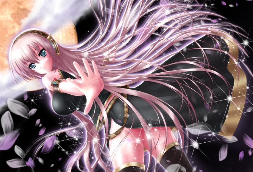 armband bare_shoulders black_legwear black_thighhighs blue_eyes breasts dress dutch_angle full_moon large_breasts long_hair looking_back megurine_luka moon nohoho_(kakikonchi) petals pink_hair solo sparkle thigh-highs thighhighs very_long_hair vocaloid zettai_ryouiki