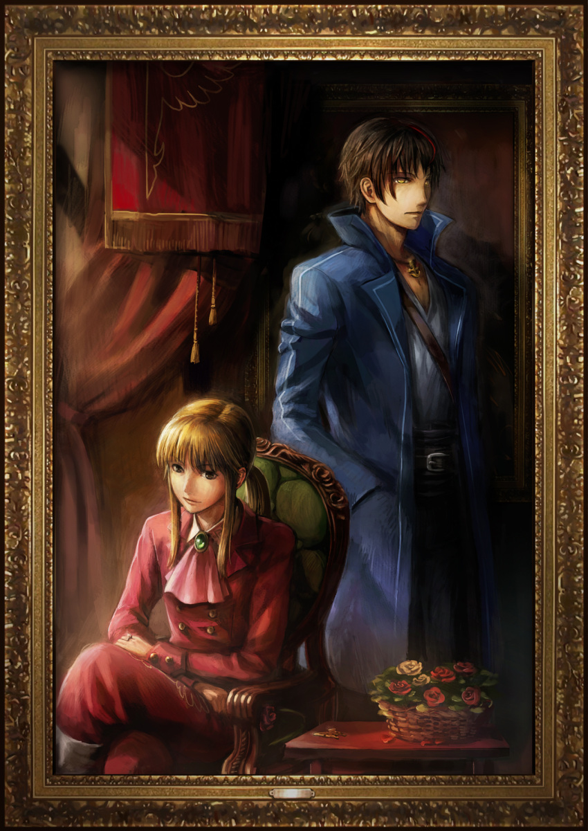 anchor androgynous belt blonde_hair brown_eyes ekusa_takahito flower frame highres jewelry necklace official_art painting portrait ring rose sitting umineko_no_naku_koro_ni ushiromiya_lion willard_h_wright yellow_eyes