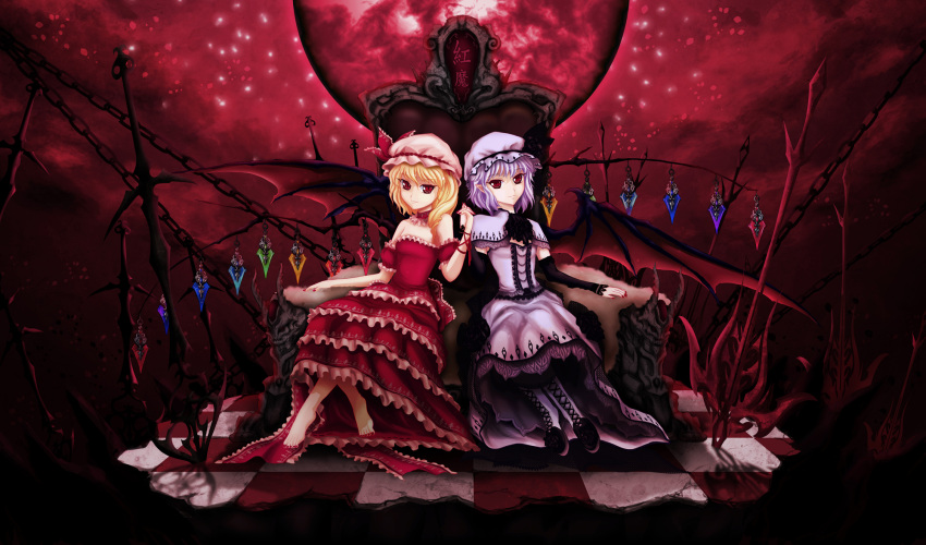 alternate_costume alternate_wings bare_shoulders barefoot bat_wings blonde_hair dress flandre_scarlet hat hat_ribbon highres holding_hands laevatein lavender_hair multiple_girls ponytail red_eyes remilia_scarlet ribbon short_hair siblings side_ponytail sisters skyspace spear_the_gungnir touhou weapon wings