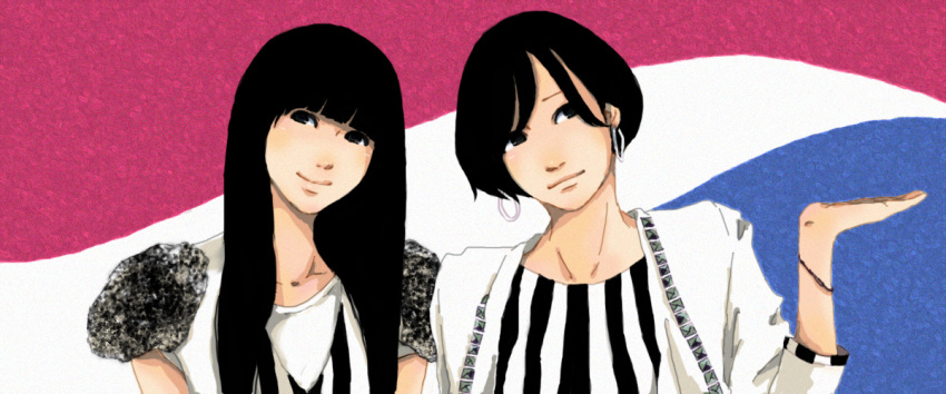 black_hair bob_cut bracelet collarbone dress earrings eyebrows hime_cut jacket jewelry kashiyuka long_hair muushiyu neck nocchi_(perfume) nose pepsi pepsixperfume perfume pose shirt short_hair smile striped studs