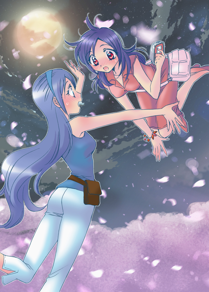 2girls absurdres aono_miki blue_eyes blush bracelet casual cellphone cherry_blossoms couple eye_contact flying fresh_precure! full_moon hairband higashi_setsuna highres jewelry long_hair looking_at_another moon multiple_girls muumin night open_mouth outstretched_arms pants petals phone precure purple_hair red_eyes yuri