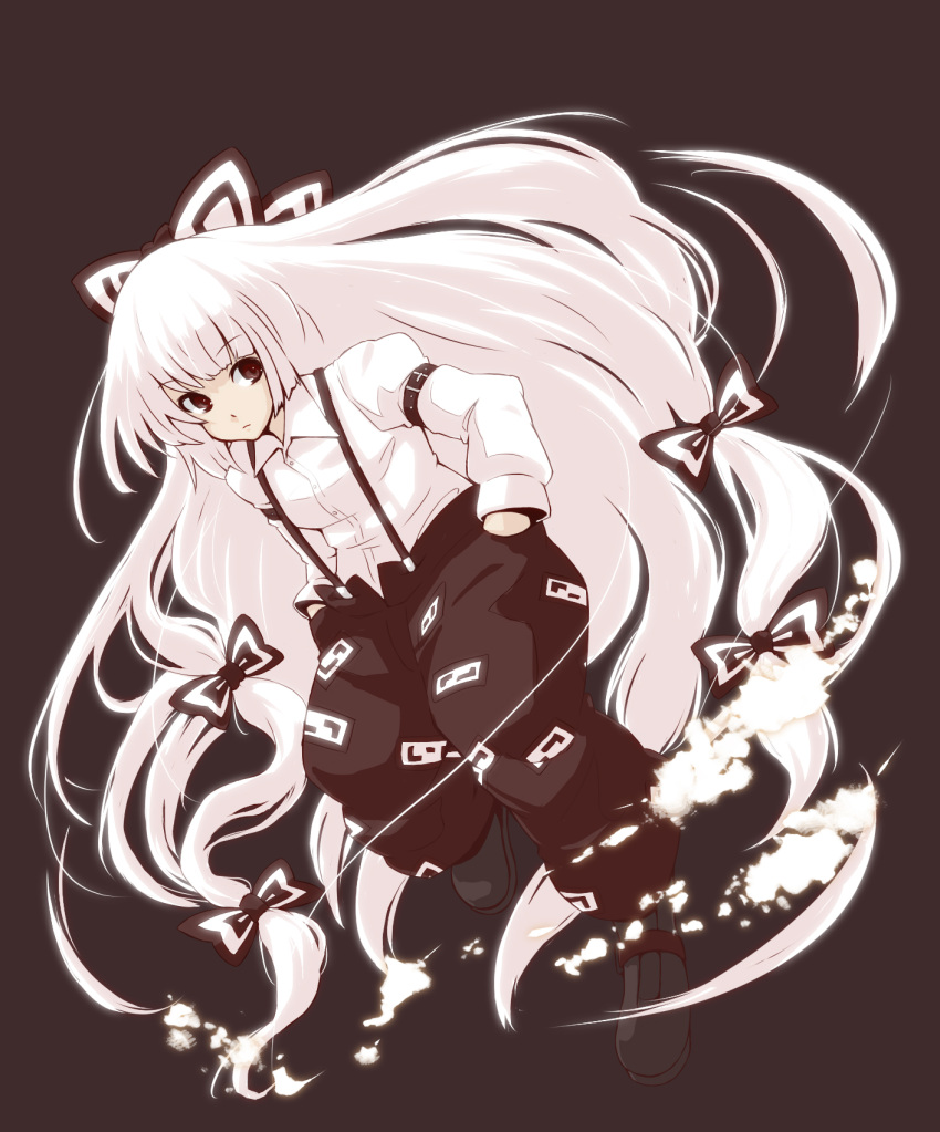 armband bad_id baggy_pants fire fujiwara_no_mokou hair_bow hands_in_pockets highres monochrome portrait red_eyes solo suspenders touhou tsuttsu very_long_hair white_hair yukino_tsubu