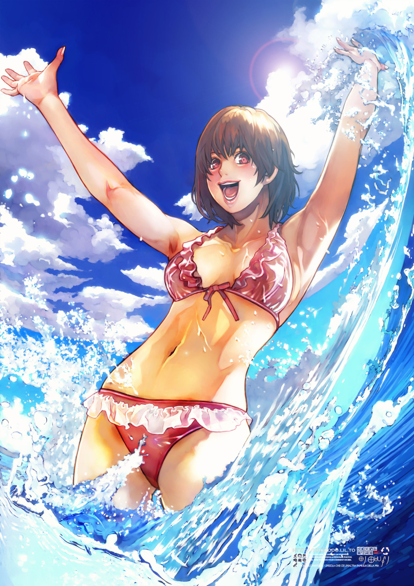 armpits arms_up bikini brown_hair cloud clouds hands highres hokoodo lens_flare lips navel open_mouth original red_eyes short_hair sky smile solo sun swimsuit water