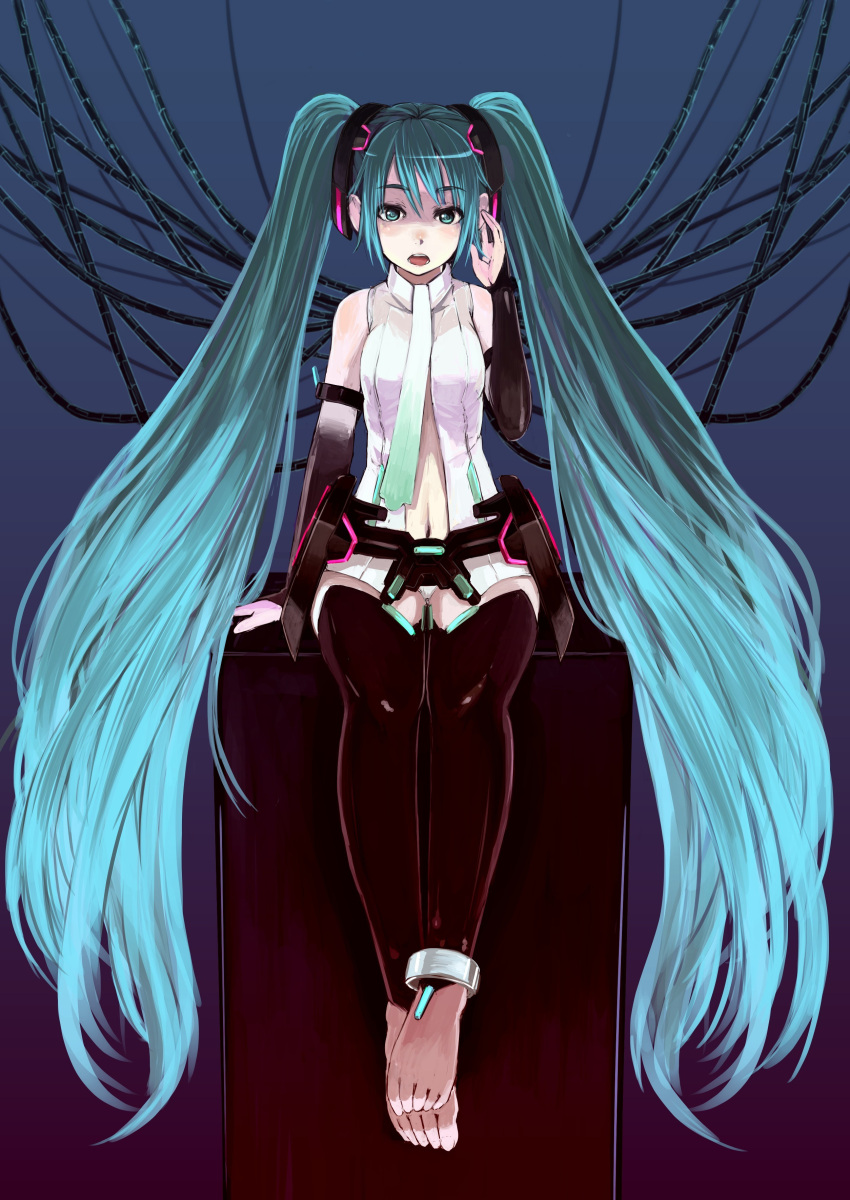 absurdres anklet aqua_eyes aqua_hair barefoot belt bridal_gauntlets elbow_gloves feet fingerless_gloves gloves hatsune_miku hatsune_miku_(append) highres jewelry long_hair miku_append navel necktie ryou@ryou sitting solo thigh-highs thighhighs toeless_socks twintails very_long_hair vocaloid vocaloid_append zettai_ryouiki