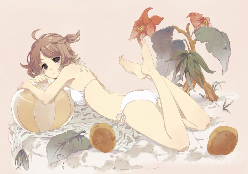 bad_id barefoot bikini brown_eyes brown_hair flower highres leaf nut on_stomach original plant short_hair side-tie_bikini solo swimsuit takahashi_riku twintails