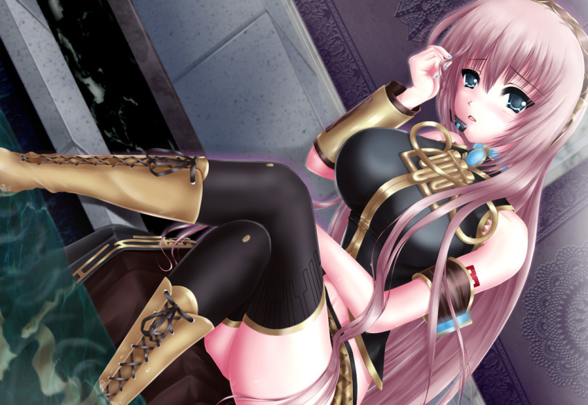 bare_shoulders black_legwear black_thighhighs blue_eyes boots breasts cross-laced_footwear crossed_legs dress dutch_angle feet_in_water headset lace-up_boots large_breasts long_hair megurine_luka nail_polish nohoho_(kakikonchi) pink_hair sitting soaking_feet solo thigh-highs thighhighs very_long_hair vocaloid water wristband zettai_ryouiki