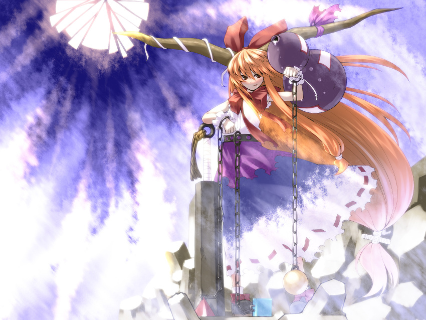 arm_support belt brown_hair chain club gourd highres horns ibuki_suika kanabou licking licking_lips long_hair orange_hair ponytail solo touhou tro very_long_hair weapon wrist_cuffs