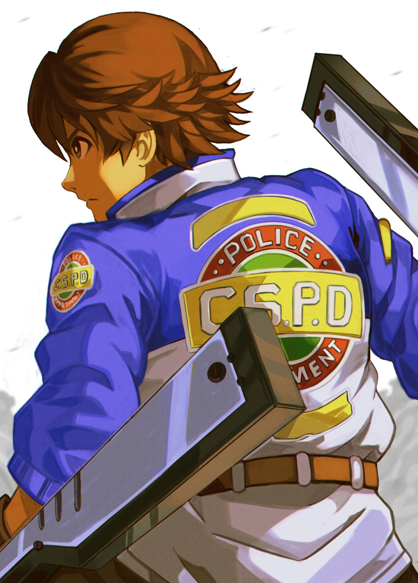 1boy ao_no_kiseki black_eyes brown_hair coat dual_wielding eiyuu_densetsu english_commentary from_behind highres holding holding_weapon lloyd_bannings logo simple_background solo starequiems tonfa uniform weapon white_background zero_no_kiseki