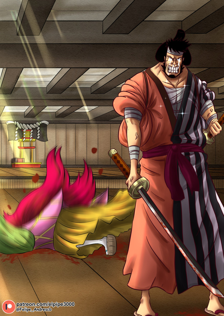 2boys absurdres artist_name bandaged_arm bandaged_head bandages black_hair blood blood_on_weapon clenched_hand clenched_teeth commentary_request crying crying_with_eyes_open elpipe_3000 facial_hair goatee highres holding holding_sword holding_weapon indoors japanese_clothes kanjuro katana kimono kinemon long_hair long_sideburns male_focus multiple_boys one_piece redhead short_hair sideburns spanish_commentary sword tears teeth topknot weapon web_address