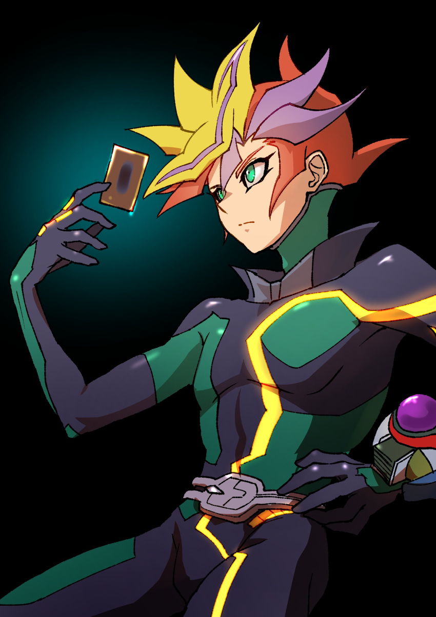 1boy absurdres belt black_background black_gloves blonde_hair bodysuit card commentary_request duel_disk fujiki_yuusaku gloves glowing_clothes gradient_background green_eyes hand_up high_collar highres holding holding_card looking_to_the_side male_focus multicolored_bodysuit multicolored_clothes multicolored_hair orange_hair purple_hair serious simple_background solo spiky_hair standing streaked_hair trading_card youko-shima yu-gi-oh! yu-gi-oh!_vrains