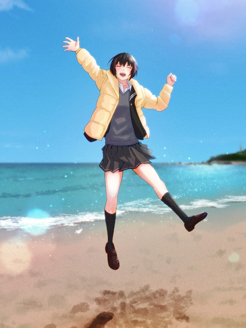 1girl :d amagami arm_up beach black_hair black_jacket black_sailor_collar black_skirt black_socks blazer blue_sky blurry blush bokeh breasts brown_footwear closed_eyes collared_shirt commentary cropped curled_fingers depth_of_field dress_shirt film_grain grey_sweater hands_up highres jacket jumping kibito_high_school_uniform kneehighs loafers mountainous_horizon nanasaki_ai ocean open_clothes open_jacket open_mouth oshizu pleated_skirt sailor_collar sand school_uniform serafuku shadow shirt shoes short_hair skirt sky small_breasts smile socks solo spray sweater teeth upper_teeth_only water waving white_shirt yellow_jacket