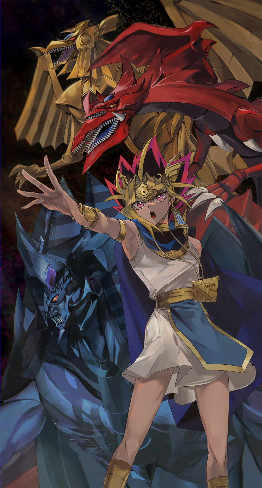 1boy absurdres ankh armlet atem bare_shoulders black_hair blonde_hair bracelet commentary_request dark-skinned_male dark_skin duel_monster dyed_bangs earrings egyptian egyptian_clothes eye_of_horus highres jewelry male_focus millennium_puzzle multicolored_hair obelisk_the_tormentor open_mouth osiris_the_sky_dragon purple_hair sleeveless spiky_hair teeth the_winged_dragon_of_ra upper_teeth_only uuu_ygo violet_eyes yu-gi-oh! yu-gi-oh!_duel_monsters