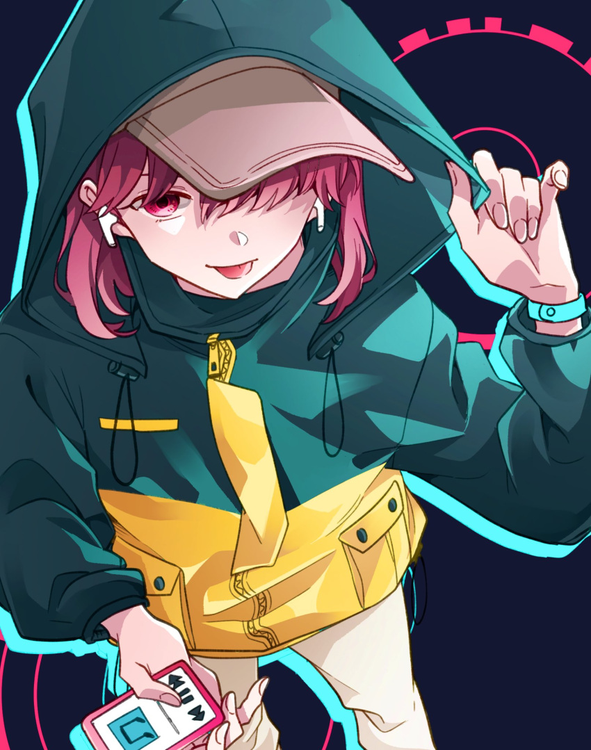 1girl adjusting_hood airpods baseball_cap bracelet brown_headwear brown_pants cellphone character_request check_character check_copyright commentary_request copyright_request drop_shadow hat highres holding holding_phone hood hood_up hooded_jacket jacket jewelry kashikaze long_sleeves looking_at_viewer medium_hair original pants phone purple_background purple_hair smartphone solo tongue tongue_out wireless_earphones zipper zipper_pull_tab
