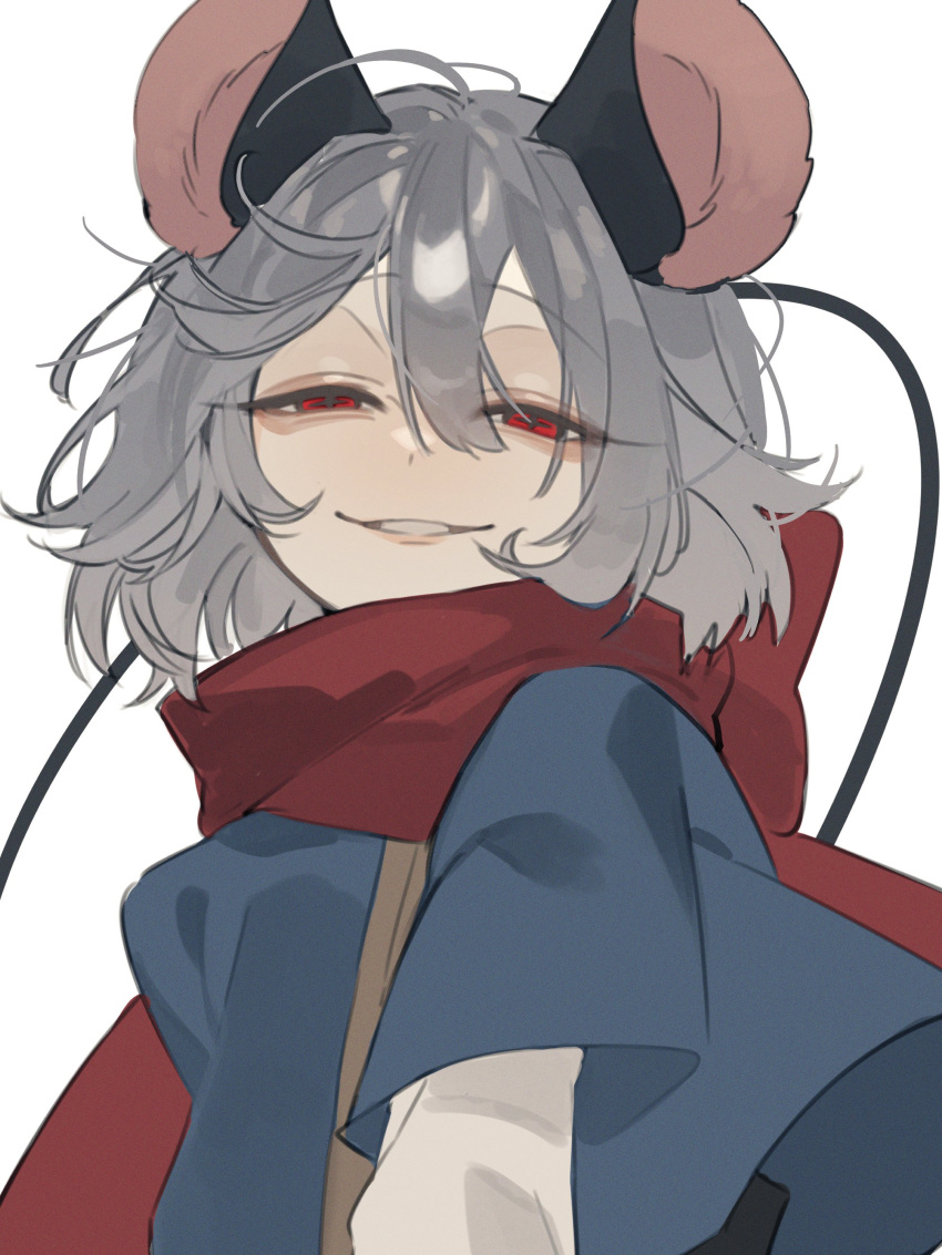 1girl absurdres animal_ears blue_capelet capelet commentary_request grey_hair hair_between_eyes highres looking_at_viewer mouse_ears mouse_girl mouse_tail nazrin parted_lips prat_rat red_eyes short_hair simple_background solo tail touhou upper_body white_background