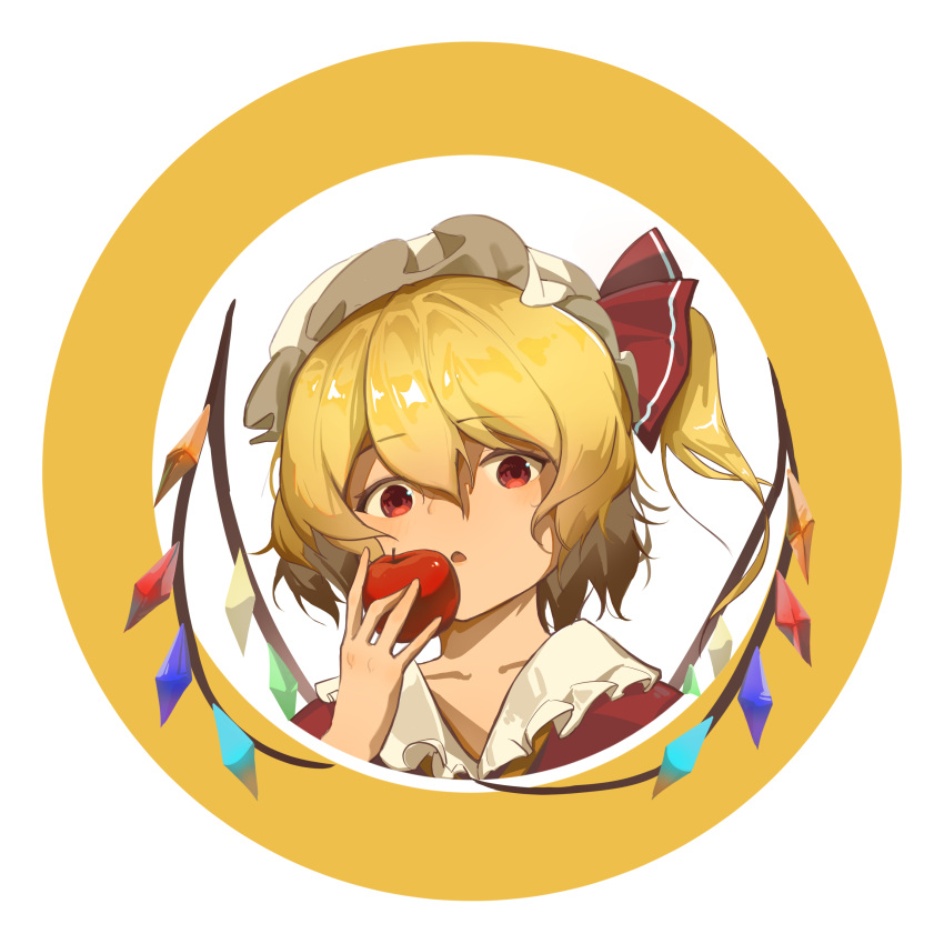 1girl absurdres apple collarbone crystal flandre_scarlet food fruit hat hat_ribbon highres holding holding_food holding_fruit looking_at_viewer mob_cap open_mouth red_apple red_eyes red_ribbon ribbon solo touhou upper_body user_srce2338 white_headwear wings
