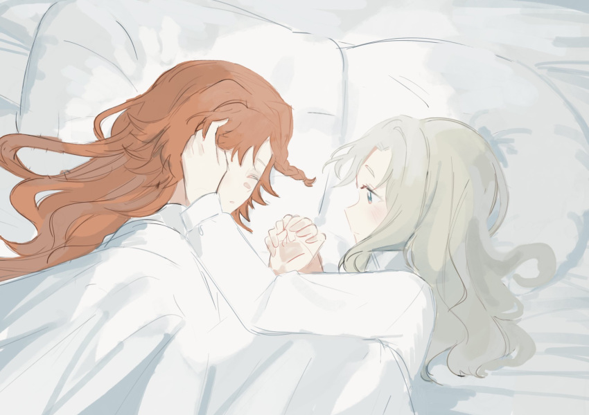2girls bed bed_sheet blue_eyes blush braid closed_eyes closed_mouth grey_hair hand_in_another's_hair highres holding_hands long_hair long_sleeves matilda_bouanich multiple_girls nelizx on_bed orange_hair pillow reverse:1999 shirt side_braid sonetto_(reverse:1999) under_covers white_shirt