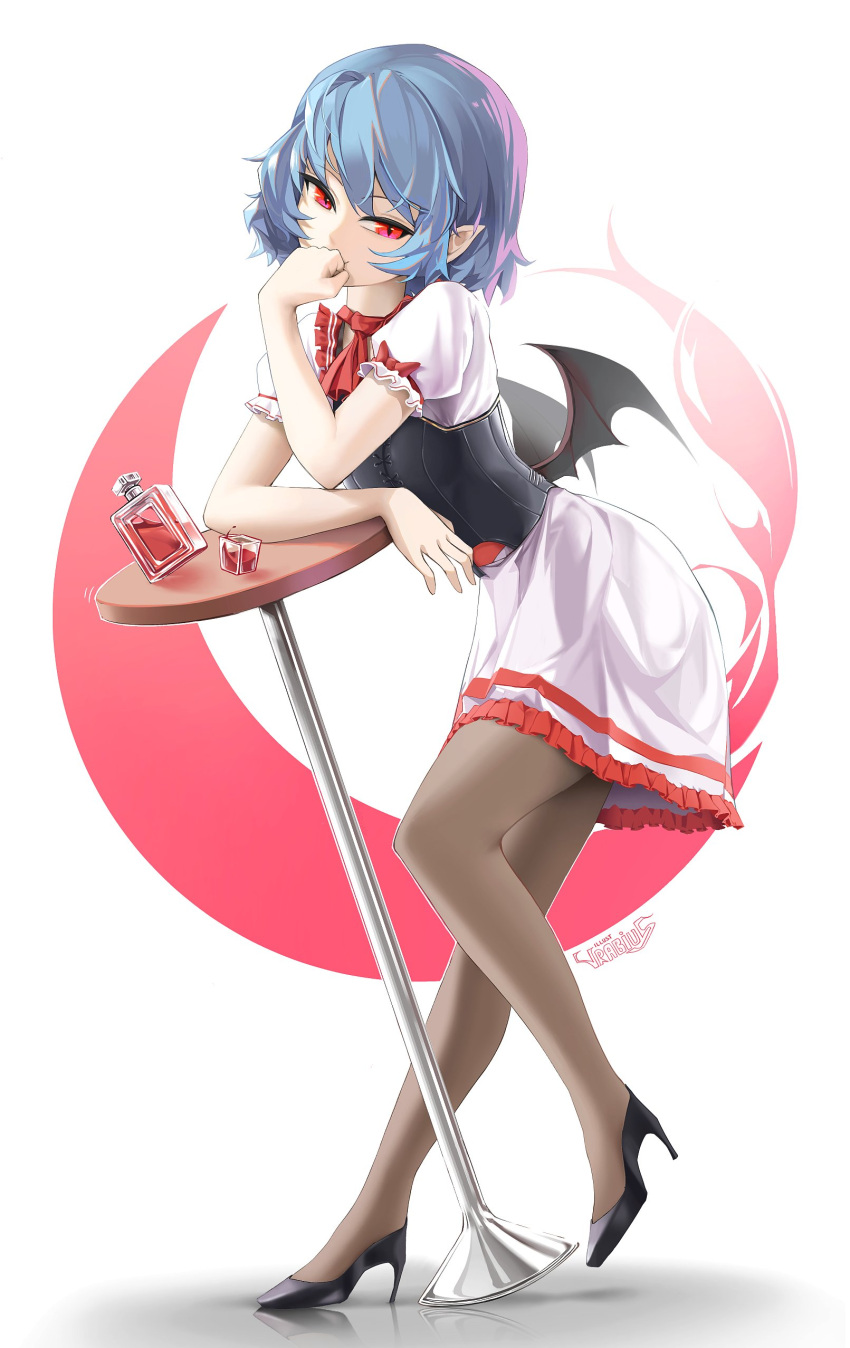 1girl absurdres ascot bat_wings blue_hair bow corset dress frilled_sleeves frills hat high_heels highres multiple_girls no_headwear pantyhose puffy_short_sleeves puffy_sleeves red_ascot red_eyes remilia_scarlet shadow short_sleeves siblings simple_background sisters solo spear_the_gungnir table touhou vrabius waist_bow white_background white_dress wings wrist_cuffs