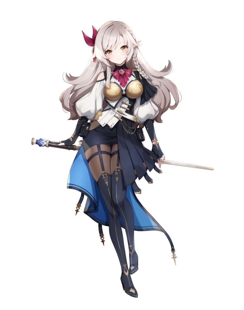 1girl absurdres black_gloves black_skirt blush boots bow bowtie braid brown_eyes chest_armor clothing_cutout edith_(eversoul) elbow_gloves eversoul fingerless_gloves full_body game_cg garter_straps gloves grey_hair hair_between_eyes hair_bow highres holding holding_sword holding_weapon jewelry knee_boots leg_up light_smile long_hair long_sleeves looking_at_viewer official_art pencil_skirt pointy_ears puffy_long_sleeves puffy_sleeves red_bow shirt shoulder_cutout showgirl_skirt side_braid skirt skirt_cutout solo standing swept_bangs sword tachi-e thigh-highs thigh_strap transparent_background waist_cape weapon white_shirt wing_collar